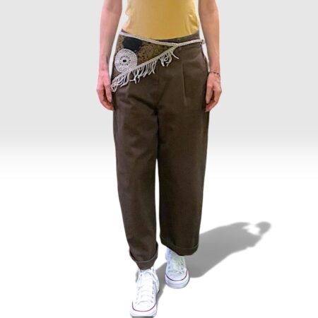 Pantalone donna con pinces cotone cioccolato cintura boho-chic