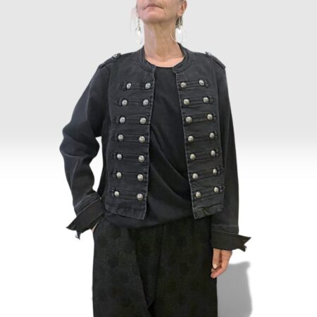 Giacca in Denim Nero con Bottoni Militari Argentati
