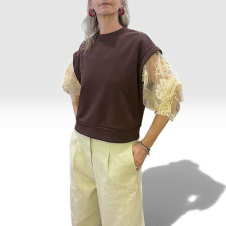 Felpa donna cioccolato maniche in pizzo color burro