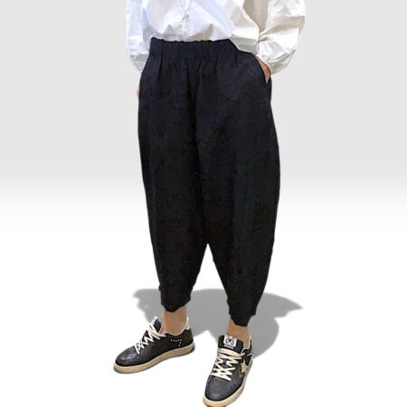 Pantalone donna cropped a uovo viscosa nera lavorata vita elastica