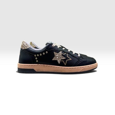 2STAR Sneakers donna in pelle nera con stella glitter e borchie
