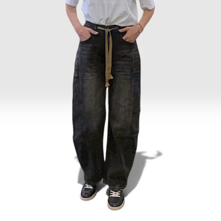 Jeans donna barrel fit con cintura in corda nero lavato