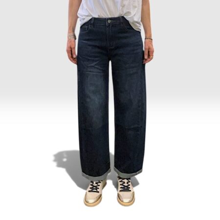 Jeans donna barrel leg blu scuro con risvolto al fondo