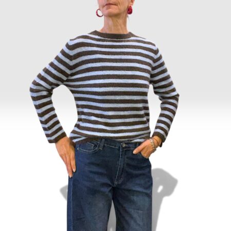 Maglia donna girocollo a righe marrone e celeste misto lana