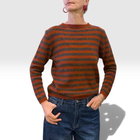 Maglia donna girocollo a righe coccio e grigio misto lana