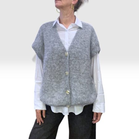 Cardigan donna smanicato oversize misto lana grigio melange
