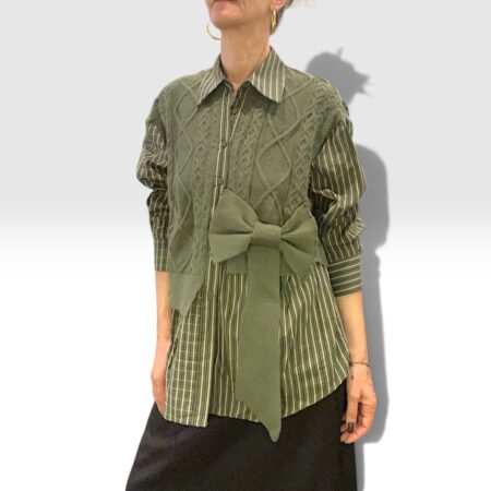 Camicia donna rigata cotone con inserti in maglia e fiocco frontale