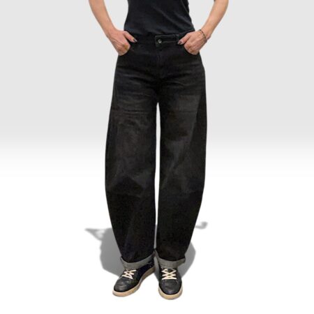 Jeans donna barrel leg nero lavato con risvolto