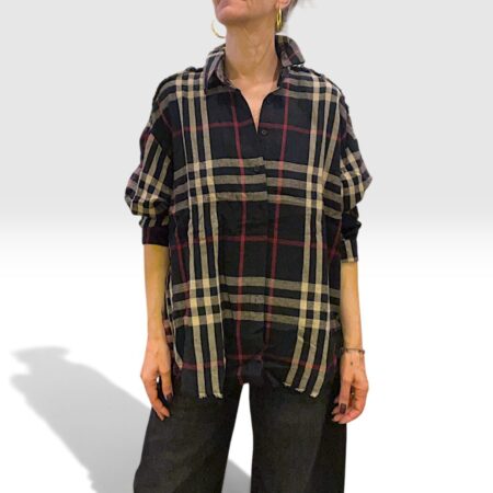 Camicia donna over a quadri in cotone con orli a taglio vivo