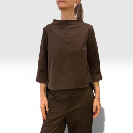 Maglia donna boxy cioccolato collo lupetto cotone